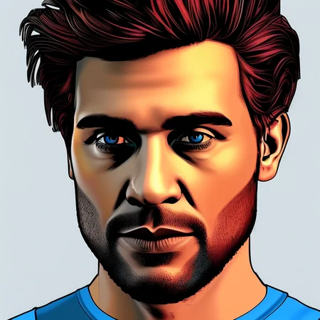 dskyart1, digital art, duskfall crew style, comic book style, flat colors, digital colors, portrait, a man with black and red hair, stubble, blue eyes, blue cyberpunk shirt, looking at the camera, very detailed faces, dskyart1
