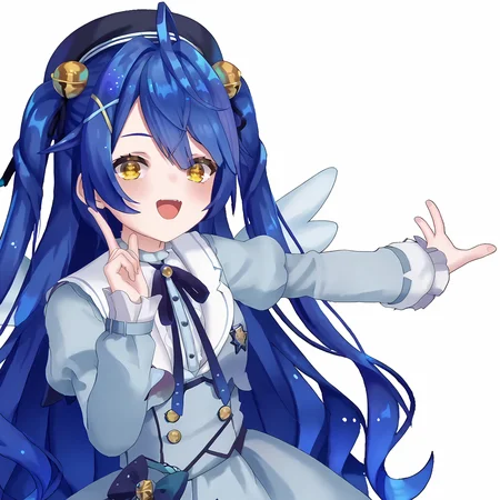 score_7_up, score_6_up, score_5_up, source_anime,
<lora:amamya.pony.v2:1.0>, amamya, aaa, blue hair, long hair, black beret, two side up,
<lora:Ruby_Hoshino_Doodle_Dance_Meme_Smaller_Hitbox-pony:1>, doodle dance, pointing,
wings,