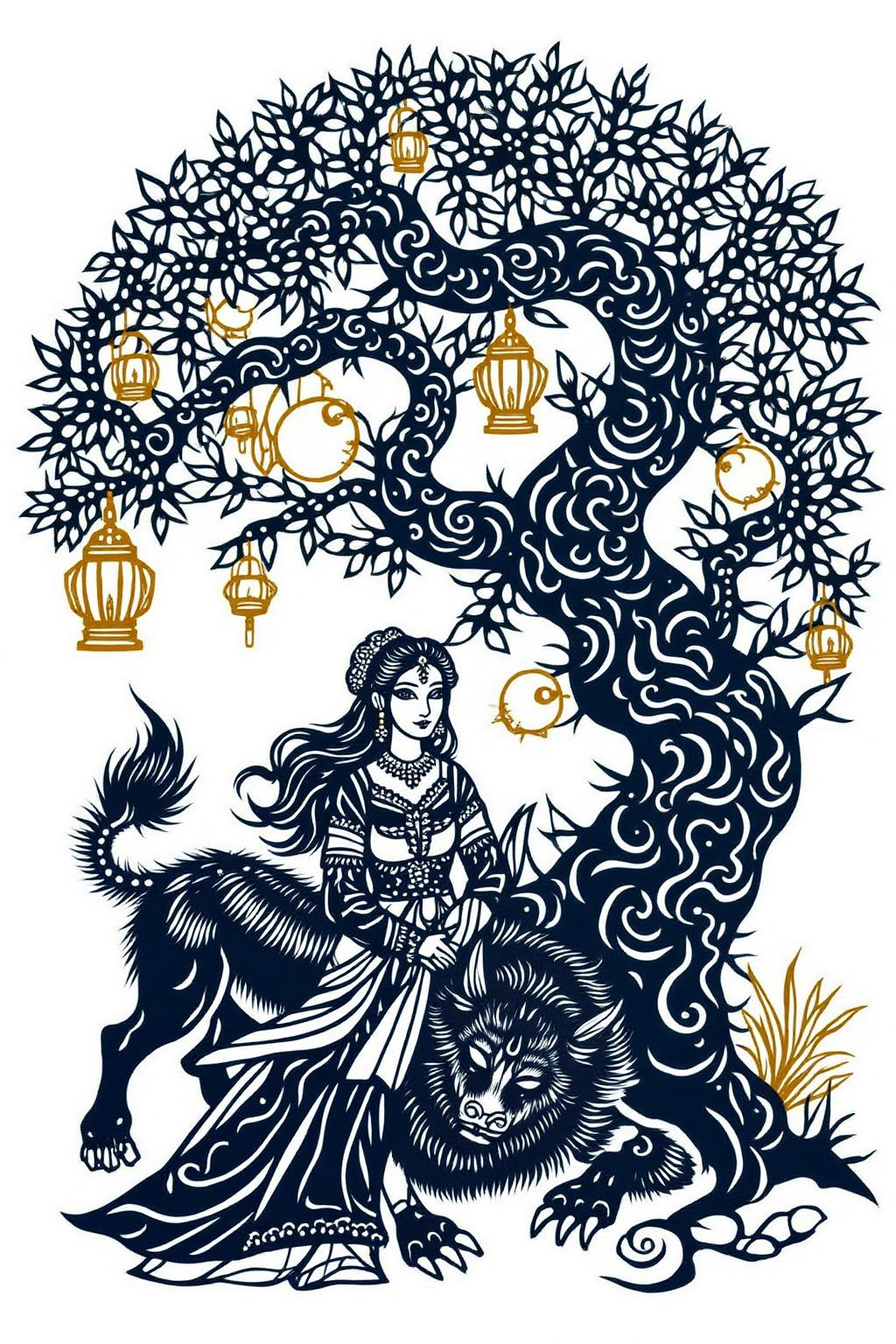 papercut art.
a scene from Arabian Nights, A beautiful woman sits gracefully under a sprawling tree with lush, curving branches and hanging vines. She has striking, almond-shaped eyes, dark flowing hair, and wears elegant traditional attire with ornate jewelry that glimmers softly under the moonlight. Her expression is calm and serene as she gazes thoughtfully into the distance.
Resting his head gently on her lap is a large demon with a powerful, otherworldly presence. The demon, though fearsome in size, appears vulnerable as he lies beside her. His skin has a muted, earthy tone, and his features--sharp and beastly--are softened by a look of weary contentment. His claws are retracted, and he exudes a mixture of strength and peace in her presence.
The tree's twisted branches arc above them, framing the scene like a natural canopy. Golden lamps hang from the tree.
 <lora:papercut1_cap_d6a3e12:1.0><lora:823267444773635308:0>