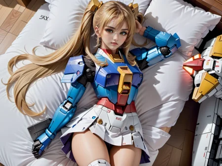 (8k, RAW photo, best quality, masterpiece:1.3), realistic, <lora:sdxl_loha_RX78_v2:0.8>, gundam\(RX78\), 1girl, solo, long hair, blonde hair, ponytail, white thighhighs, long leg, high heels, skirt, face to the viewer, full body, from bottom,lay on bed,in bedroom, open legs