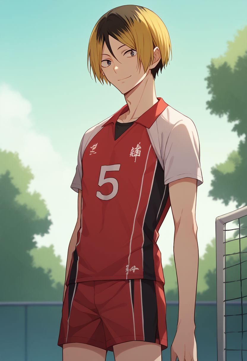 score_9, score_8_up, score_7_up, source_anime, highly detailed, 
kenma, 1boy, male focus, solo, blonde hair, sportswear, volleyball uniform, multicolored hair, shorts, two-tone hair, black hair, red short, upper body, skinny, slender, short height, smile, looking at viewer,
outdoor,