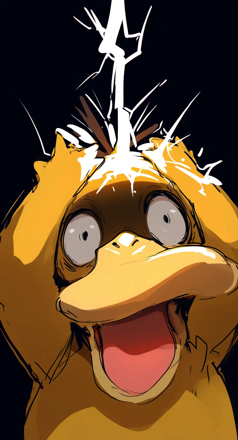 masterpiece, best quality, good quality, very awa, very aesthetic, absurdres, newest, psyduck \(pokemon\),
solo, looking_at_viewer, open_mouth, simple_background, upper_body, tongue, arms_up, no_humans, black_background, shaded_face, meme, wide-eyed, scared, constricted_pupils, hands_on_own_head,
Struck by lightning, sketch <lora:ponyv6_noobV1_1_adamW-000011:0.7> <lora:USNR_STYLE_XL_lokr:0.45>