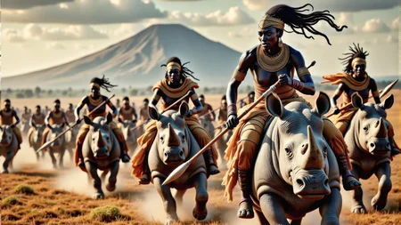 Real photograph of an army of African warrior women, black skin, Nubian, beautiful, breathtaking, athletic, (small breasts:1.4), earrings, necklace, wrist bands, dangerous, fierce, determined, battle hardened, mounted atop angry and ferocious rhinoceros, cavalry charging into battle with spears ready to impale, shields and spears bearing war decorations, fierce angry painted faces full of rage, yelling fierce war cries, African Savannah with mount Kilimanjaro in the background, intricate details, masterpiece, elegant, complex patterns, (full body shot from head to toe:1.6), dramatic and dynamic morning lighting, intense atmosphere, <BaroqueColorful:0.72>