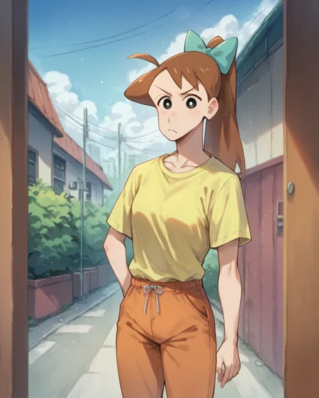 score_9, score_8_up, score_7_up, score_6_up, score_5_up, score_4_up,
<lora:Ishizaka_Midori_PONY:1>,ishizaka midori, 1girl, solo, brown hair, high ponytail, long hair, black eyes, ahoge, hair bow, yellow shirt,orange pants,style parody, parody,