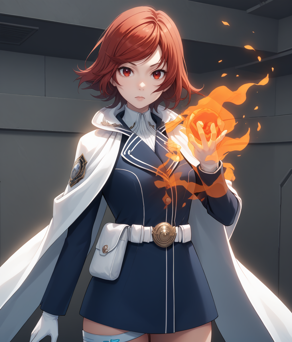 score_9, score_8, score_7, cowboy shot, 1girl,  <lora:Himeno_Akatsuki_PXL_r1:1> himeno_akatsuki, red hair, short hair, military uniform, white cape, white gloves, hand raised, open hand, magic, holding flame, flame on hand, floating fire ball BREAK indoors, sci-fi, white ceilings, white floor, artificial lighting
