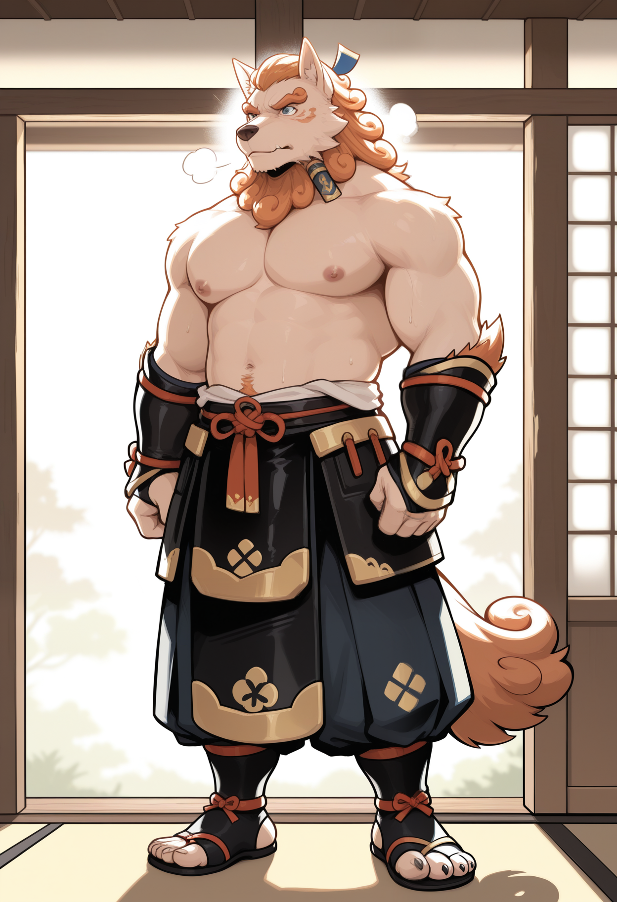masterpiece,best quality,amazing quality, 1boy, solo, t0y0, footwear, dog boy, samurai clothes, tail, armor, black gauntlets, inside, steamy, cooling off, topless, 