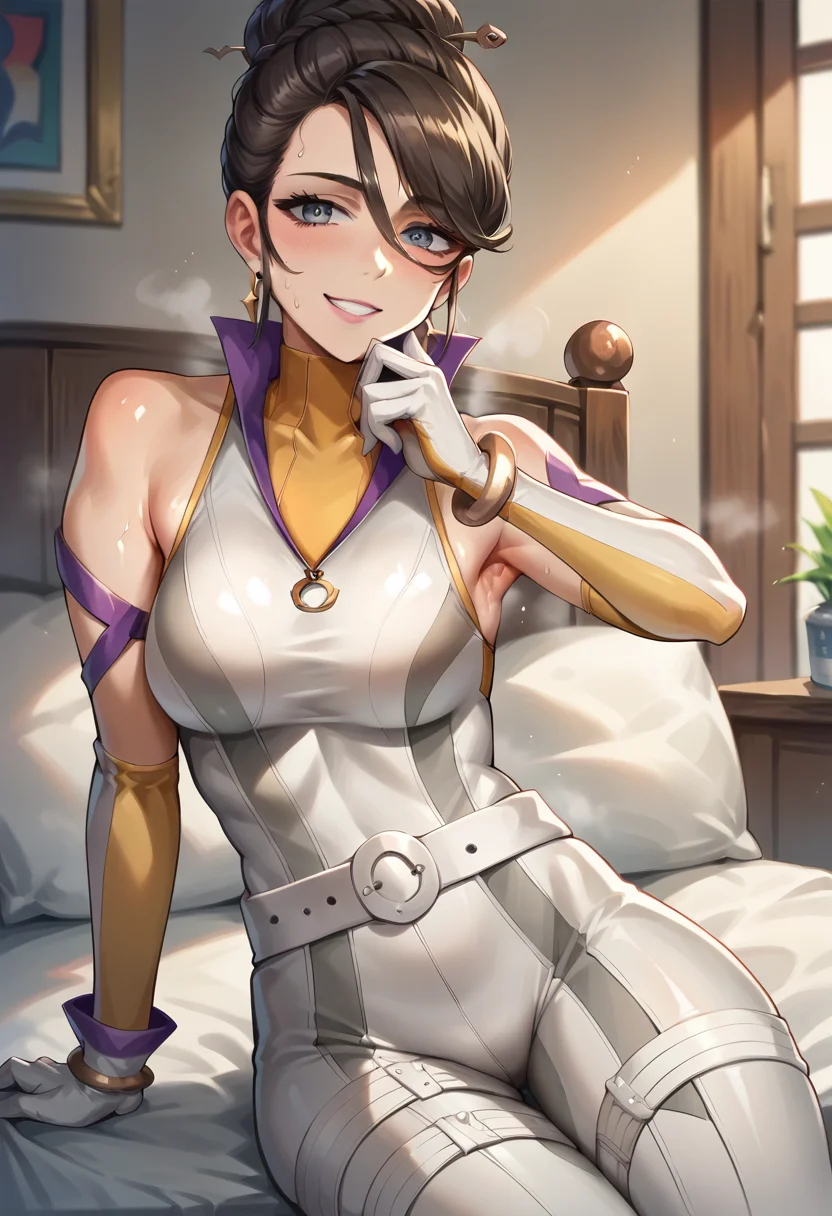 score_9, score_8_up, score_7_up, source_anime, masterpiece, 1girl, ct_s1erra, medium breasts, yellow turtleneck, white bodysuit, elbow gloves, logo, white belt, bracelet, looking at viewer, indoors, depth of field, shiny skin, cowboy shot, skin tight, thighs, bed, bedroom, white bed, sitting, hand on chin, smile, one arm up, armpit, arm support, sweat, smell,<lora:Sierra_pokemongo_ct:1>