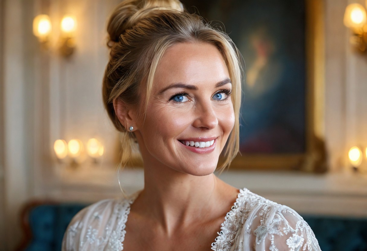 A hyper-detailed, high-resolution (8K) close-up portrait of a 40-year-old woman with sleek blonde hair tied back in a soft bun, wearing a light, airy white blouse. Her striking blue eyes gleam with happiness, framed by delicate laugh lines that enhance her natural charm. The background is intentionally blurred, suggesting an opulent hotel lounge—crystal chandeliers, velvet drapes, and the soft glow of candlelight reflecting in gilded mirrors. Shot with a Hasselblad H6D-100c medium-format camera, using a tight crop and a shallow depth of field (f/2.8) to capture the luminous quality of her skin against the rich, moody backdrop. The lighting is sumptuous and directional, evoking the elegance of classic Hollywood portraiture."