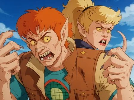 core_9, score_8_up, score_7_up,  high quality, <lora:100_ratrot_pdxl:1> 1girl, 1boy, ratrot,  sharp nails,hairy, yellow sclera, baring teeth, rr_nose, rr_pointed_ears, bad skin, rr_teeth, rr_tail, rat tail, warty, wild, mean, heavy brow, wrinkled nose, hunched over, messy hair, savage, small eyes, hissing, mean, crazy eyes, upset,  1boy{red hair, blue_planeteer_shirt, brown_jacket}, 1girl{blonde hair, pony tail, brown_vest, yellow_planeteer_shirt},