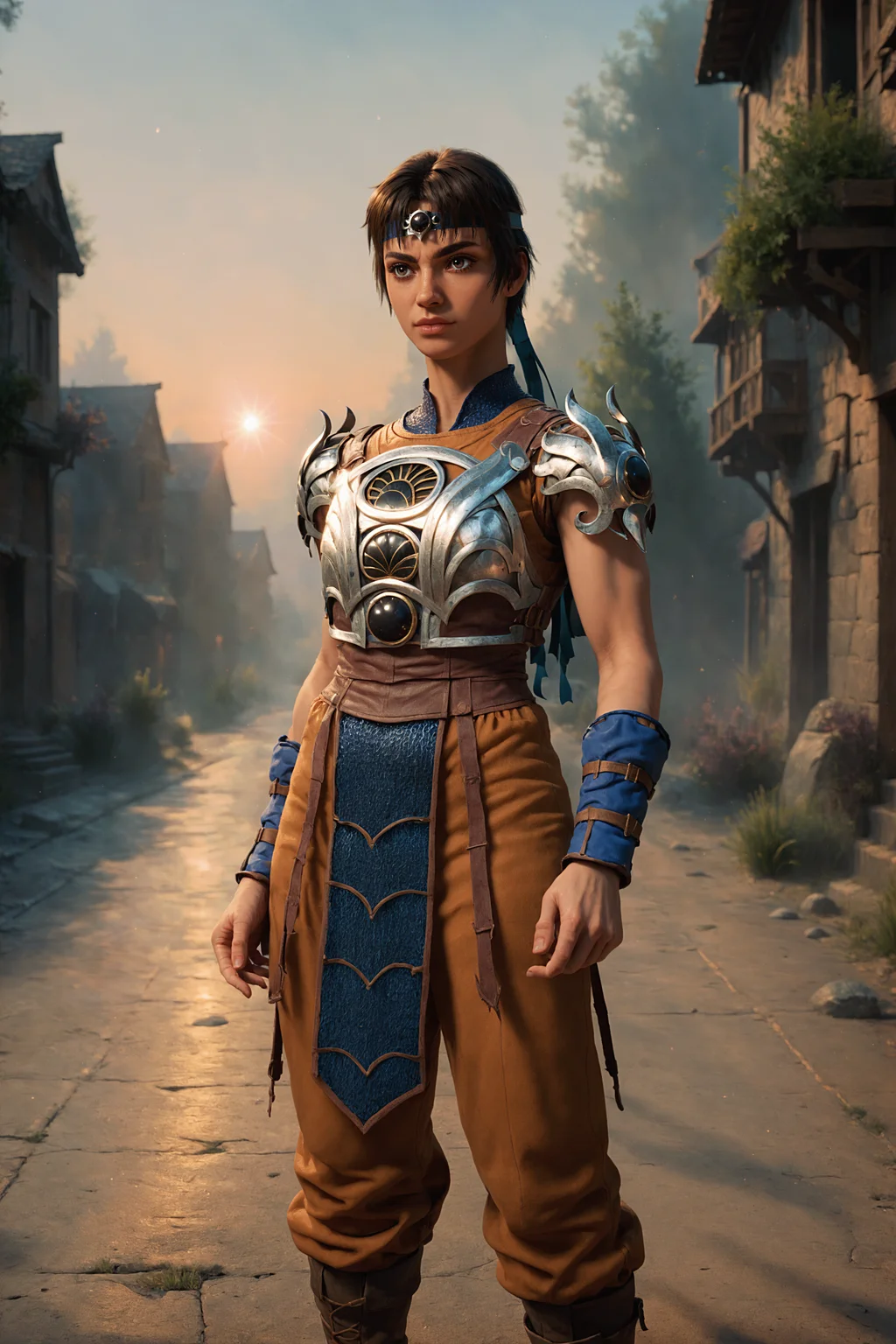 cl3r1c, score_9, score_8_up, score_7_up, 1girl, solo, kasugano_sakura, street_fighter, brown_hair, brown_eyes, eye focus, arm support, foggy valley at sunrise, kaleidoscope effect, <lora:_5h4rt:1.0>