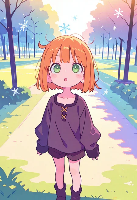 masterpiece, best quality, newest, very awa, Smooth, no lineart, no outline, very aesthetic, Flatline, Flat vector illustration, flat colors, Colorful themes, High Saturation, haiz_ai, orenji, <lora:ponyv6_noobE11_2_adamW-000017:0.9> <lora:MeMaXL4:0.5> <lora:veluflora-wai:0.35> <lora:haiz_ai_illu:0.5>, 
1girl, petite, cute, small, fragile, young, youthful, flat chest, orange hair, bob cut, short hair, green eyes, fair skin, messy hair,
oversized outwear, shorts,
looking up, collarbone, tilted head, :o, extends hands forward, standing,
dynamic angle, morning, park, public, volumetric light, bloom, sunrays, heavy snowfall, many snowflakes falling from the sky, grass, trees, summer,