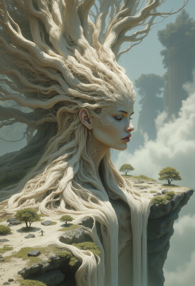 A surreal portrait of a tree goddess emerging from an ancient monolith of twisted roots and gnarled branches. Her face has high cheekbones, smooth porcelain-like skin with a soft glow, and pale, half-lidded eyes. Her long lashes and delicately arched eyebrows frame her serene expression.
Her hair seamlessly transitions into the white birch tree itself, forming a complex crown of white, intertwining branches that stretch upward. The branches have a polished, bone-like texture, curling and twisting into organic patterns. Her body is partially wrapped in bark-like tendrils that spiral around her torso, forming an intricate natural gown that blends into her surroundings.
Below her, a massive, weathered white birch tree trunk extends downward, with thick, gnarled roots twisting into the mist-covered ground. Small, bonsai-like trees sprout from rocky outcroppings embedded within the root system, their tiny leaves adding contrast against the pale landscape.
A dense mist blankets the lower part of the scene, partially obscuring the roots and drifting through the air. In the background, enormous ancient trees with skeletal branches rise through the fog, their silhouettes fading into the distance. The entire image is enveloped in a muted, desaturated color palette of soft whites, cool grays, and subtle earthy greens.
The composition presents her as seamlessly integrated with the massive tree, appearing both as a living figure and an extension of the forest itself.