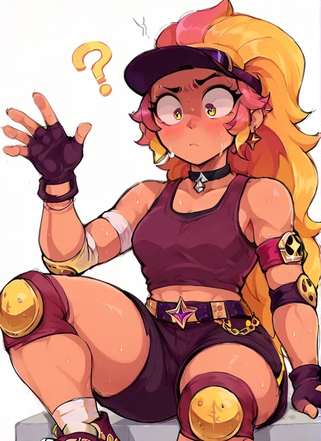 score_9, score_8_up, score_7_up, <lora:boamber:1>boamber ,1 girl , multicolored hair, long hair ,purple tank top, belt, yellow knee pads, shorts , skirt, shorts under skirt, visor cap, pink headwear, fingerless gloves, , confused, white Arm band, ??? ,sweat, blush, <lora:Aer0Zer0_Artist_Style:1>aerozerorisk