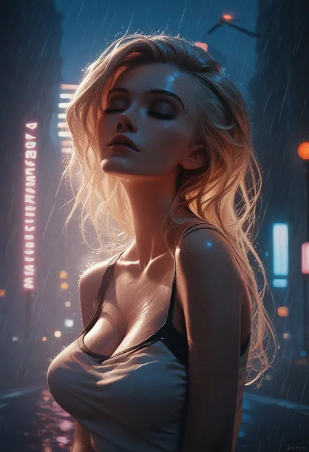 score_9, score_8_up, score_7_up, score_6_up, score_5_up, score_4_up, adult, 24 years old, shoulders back, chest out, sexy, blonde, large breasts, rain, neon lights, wet hair, cyberpunk, noir, urban street, eyes closed, head tilted back, source_cartoon, 2d, animated, intricate details, volumetric lighting, closeup, cinematic lighting, depth of field, bokeh, tank top, masterpiece, (best quality:1.1), close to viewer, wet, (masterpiece:1.2), beautiful detailed, posing
