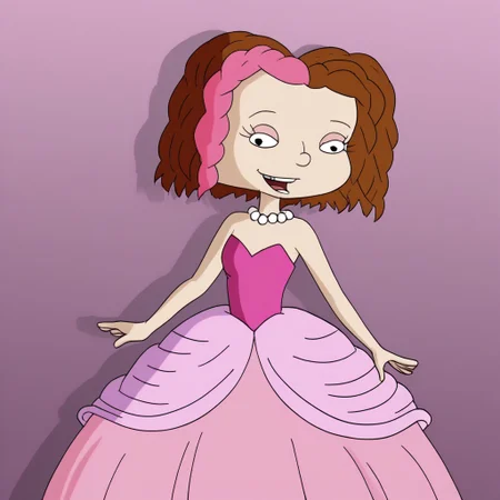 1girl, solo, short hair, brown hair, two-tone hair, pink hair, black eyes, Very long large straight tulle pink princess ball gown hoop skirt, ball gown hoop skirt, pink princess dress, white pearl necklace, hoopdress, my big princess gypsy wedding dress, ballgown, a girl in a dress posing like a princess for a picture, wearing a sleeveless ballgown, looking at viewer