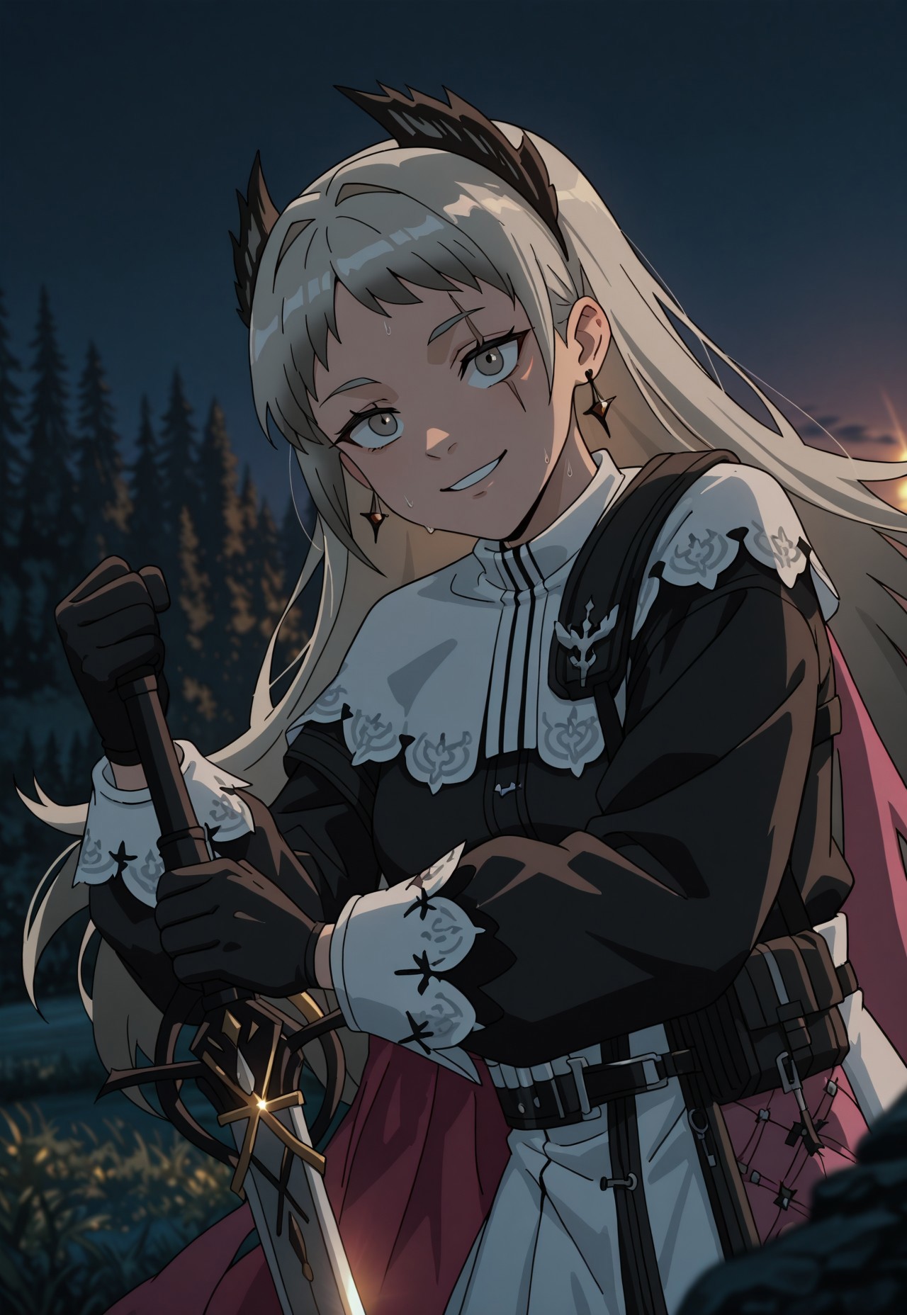 open eyes, angle, (motion lines:0.3), (motion blur:0.3),  irene (arknights), arknights,1girl, grey eyes, scar across eye, grey hair, long hair, very long hair, scar on face, white capelet, black gloves, black jacket, white skirt, long sleeves, head wings, earrings, wielding greatsword, training with greatsword, excited smile, landscape, sunset, colorful, fighting stance, slightly high angle, confident expression, focused, dynamic light, warm light, vibrant colors, warm colors, soft focus, high contrast, textured surfaces, depth of field, golden hour lighting, dramatic shadows, rich details, nature-inspired color palette, playful composition. ,dynamic angle,dynamic light,background,volumetric lighting, portrait,sweat,
night scene, professional lighting, ambient lighting, soft shadows, clear composition, detailed environment, solo_focus, masterpiece, best quality, very aesthetic, absurdres, newest,748cmstyle,ultsm99,