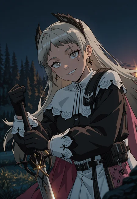 open eyes, angle, (motion lines:0.3), (motion blur:0.3),  irene (arknights), arknights,1girl, grey eyes, scar across eye, grey hair, long hair, very long hair, scar on face, white capelet, black gloves, black jacket, white skirt, long sleeves, head wings, earrings, wielding greatsword, training with greatsword, excited smile, landscape, sunset, colorful, fighting stance, slightly high angle, confident expression, focused, dynamic light, warm light, vibrant colors, warm colors, soft focus, high contrast, textured surfaces, depth of field, golden hour lighting, dramatic shadows, rich details, nature-inspired color palette, playful composition. ,dynamic angle,dynamic light,background,volumetric lighting, portrait,sweat,
night scene, professional lighting, ambient lighting, soft shadows, clear composition, detailed environment, solo_focus, masterpiece, best quality, very aesthetic, absurdres, newest,748cmstyle,ultsm99,