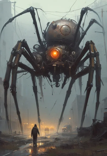 huge mechanical spider  painting by Ismail Inceoglu