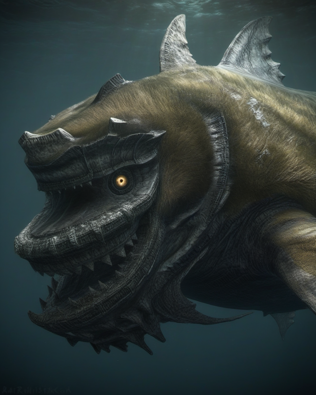 a  giant shark,sotc,mask,fur,glowing eyes,,hyperdetailed photography,awardwinning,masterpiece,epic,trending on artstation,raw photo,underwater,<lora:shadowofthecolossus:1>