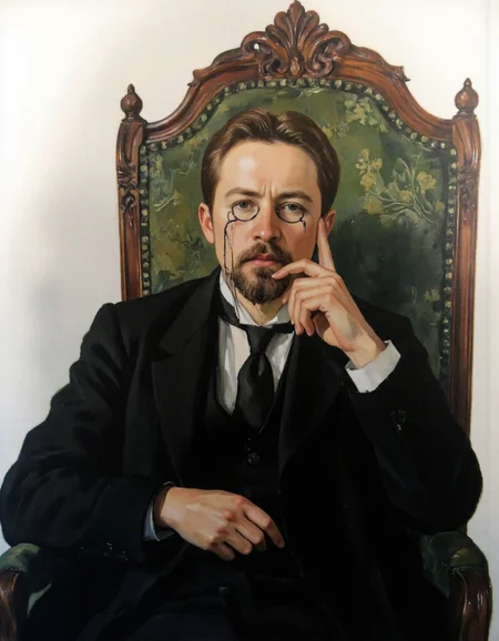 Rembrandt style, <lora:Dark_Ghibli:0.6>, This is a highly detailed, realistic oil painting of a middle-aged man seated in an ornate, high-backed chair with carved wooden arms. The man is dressed in formal attire, wearing a dark suit with a white shirt and a dark tie, and he is adorned with a neatly trimmed beard and mustache. He is gazing contemplatively into the distance with a serious expression, resting his chin on his right hand. The man's hair is neatly combed, and he is wearing round, wire-rimmed glasses that reflect light. The chair he sits in is upholstered in a deep green fabric, adding a touch of elegance to the scene. The background is plain white, ensuring that the subject and the chair are the focal points. The painting is executed with meticulous attention to detail, capturing the textures of the fabric, the smoothness of the wooden chair, and the fine lines of the man's facial features. The overall style is classical, reminiscent of 19th-century portraiture, with a focus on realism and depth. The painting's lighting is soft and even, highlighting the man's face and the chair without harsh shadows, creating a serene and contemplative atmosphere., . Baroque, chiaroscuro, realistic, emotional, "flat, <lora:Ð§ÐÐ¥ÐÐ:1>, lighting