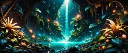 highly detailed mystical realism oil painting in the style of johan christian dahl and maurice sapiro, ancient, dark jungle brimming with life, an enchanted forest hidden deep in mystery, in the foreground, large, otherworldly plants with vibrant, exotic leaves and gorgeous unfathomable flowers edge a glowing azure pool, lush layers of vegetation framing the waterfallâs base, dark shadows fill the corners, the center scene features a narrow, bioluminescent waterfall cascading down a rugged, multi-tiered cliff, its gentle glow casting a faint blue-green light, thick, emerald moss covers the cliff, hinting at untold ages, in the background, the dense foliage extends into the shadows, punctuated by faint glows from hidden recesses, suggesting unseen life, a medium-wide shot with slight overhead perspective, capturing the waterfall, pool, and dense jungle foliage in a balanced, layered composition, dynamic chiaroscuro lighting, with warm dappled light filtering through the thick jungle canopy, soft, ethereal glow around the waterfall and pool, faint reflections off the vibrant plants, intricate textures and shadow detail, soft interplay between deep green shadows and luminous highlights, painting-quality detail, realistic contrasts, and rich color gradations, supernatural and unfathomable scenery, in the style of ck-ovf, <lora:image_enhancer-flux-by_dever:0.72> <lora:style-oneviolentfantasy-ep21-flux-by_chronoknight:1.0>