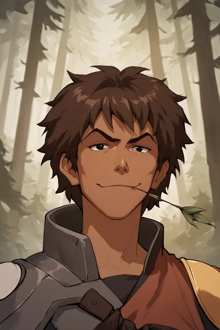 score_9, score_8_up, score_7_up, score_6_up, score_5_up, score_4_up, <lora:Jet:0.8>, 1boy, solo, jet, brown hair, black eyes, dark skin, mouth hold, armor, smirk, looking at viewer, forest,