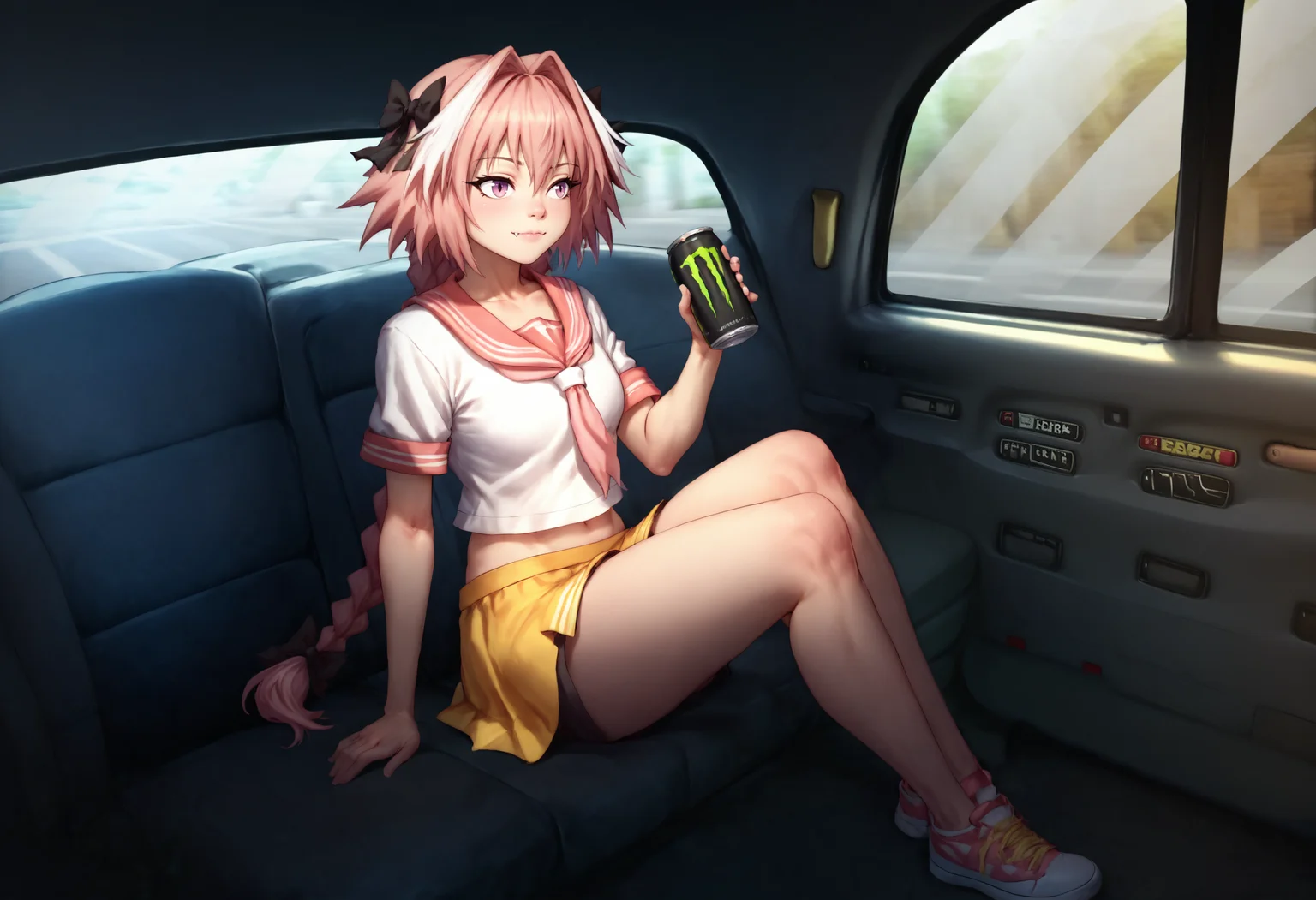 score_9, score_8_up, score_7_up, detailed, <lora:FakeTaxiMeme_XLPD:0.7>, fake taxi, car interior, sitting, ground vehicle, astolfo \(fate\), monster energy, can,