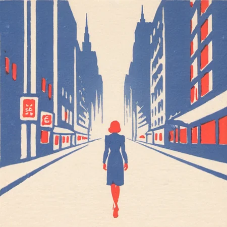 illustration, evening ,empty,1930, street, woman viewed from the back , dystopian city, street view, centered, realistic, futuristic past, metropolis, depression, on a white background <lora:Bichro-XL:1>