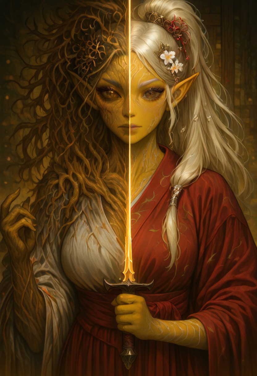masterpiece, best quality, newest, absurdres, highres, 
DUSV1.0, split screen, split theme, dual persona, transformation, dark persona, holding sword, sword, holding weapon, holding, weapon,
1girl, asian, asian female, elf, elf girl, pointy ears, long hair, yellow skin, blonde hair, golden colored skin, ponytail long ponytail, high taied ponytail, makeup, mascara, brown eyes, golden eyes,
kimono, red kimono, japanese clothes, hair ornament,