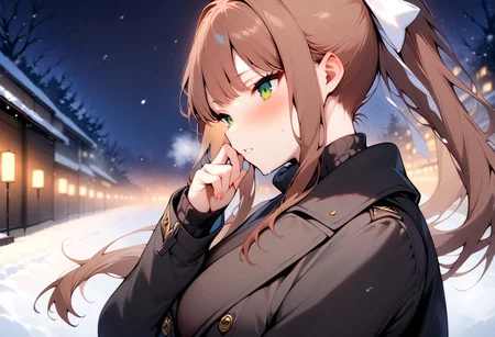 masterpiece, best quality, absurdres, vibrant, highly detailed, (danimaru style:0.6), nsfw,1girl,bangs,brown hair,green eyes, long hair, ponytail, ribbon, white ribbon, hair ribbon, sidelocks,coat,jacket,long sleeve, black turtle_neck, background, outdoor, snowing, night, from side,