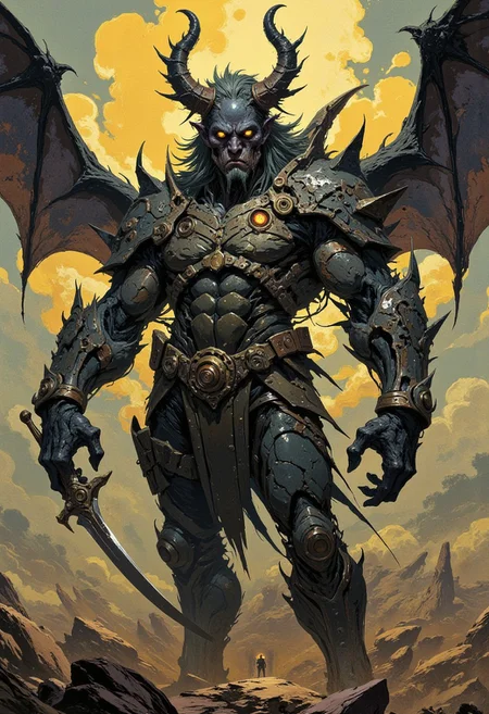 masterpiece, high-quality, photorealistic mythic warrior scene, twisted, horned male figure stands before you, exuding an aura of menace. Its asymmetrical body immediately draws attention: one arm is grotesquely oversized, with bulging muscles and jagged veins, while the other is slender but sinewy, gripping a wickedly sharp weapon—perhaps a dagger or a jagged sword. The horns curve upward from its head, uneven and gnarled, resembling cracked branches or molten stone. Its leathery bat-like wings stretch wide, one slightly torn, adding to its air of chaos. The creature's skin is dark and textured, like roughened stone or scarred leather, and its mismatched glowing eyes—one larger than the other—seem to pierce the soul. <lora:FLUX\FLUX-daubrez-DB4RZ:0.3> <lora:FLUX\ArcaneFGTNR:0.5> <lora:FLUX\VividlySurrealApex:0.6> <lora:FLUX\Anime v1.3:0.5>