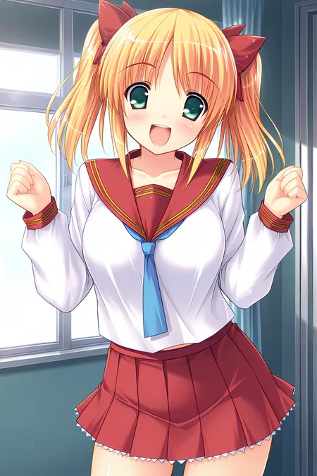 masterpiece, best quality, absurdres, official art, official style, rating general BREAK <lora:sakuraimomoka_IL_v1-1:0.7>, sakurai momoka, 1girl, solo, green eyes, blonde hair, short hair, short twintails, large breasts, hair bow, red bow, school uniform, serafuku, red sailor collar, blue necktie, white shirt, long sleeves, red skirt, miniskirt, pleated skirt,
blush, :d, looking at viewer, open mouth, smile