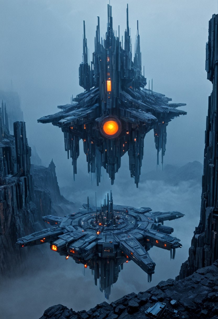 h0rr0rstyl3, CosmicStyle,  futuristic megastructure, hovering city, sci-fi fortress, massive floating platform, alien landscape, cyberpunk architecture, industrial science fiction, dark rocky terrain, advanced technology, monumental structure, atmospheric mist, hovering above canyon, vertical sci-fi towers, dystopian environment, metallic textures, cold color palette, dramatic perspective, glowing orange lights, high-tech civilization, surreal sci-fi world, mechanical infrastructure, colossal scale, eerie futuristic mood, alien planet setting, futuristic defense outpost, heavy machinery, floating sci-fi architecture, otherworldly engineering, robotic design, science fiction scenery