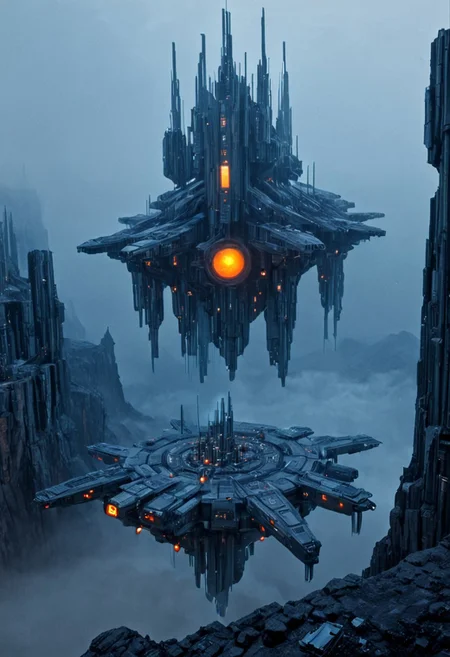 h0rr0rstyl3, CosmicStyle,  futuristic megastructure, hovering city, sci-fi fortress, massive floating platform, alien landscape, cyberpunk architecture, industrial science fiction, dark rocky terrain, advanced technology, monumental structure, atmospheric mist, hovering above canyon, vertical sci-fi towers, dystopian environment, metallic textures, cold color palette, dramatic perspective, glowing orange lights, high-tech civilization, surreal sci-fi world, mechanical infrastructure, colossal scale, eerie futuristic mood, alien planet setting, futuristic defense outpost, heavy machinery, floating sci-fi architecture, otherworldly engineering, robotic design, science fiction scenery