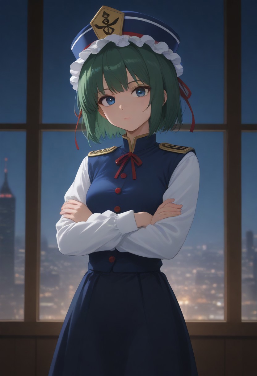 1girl, solo, solo focus, highres, absurdres, shikieiki, green hair, frilled hat, blue eyes, blue headwear, short hair,
long sleeves, black skirt, white shirt, blue vest, red ribbon, epaulettes, small breasts, 
looking at viewer, crossed arms,
window, cityscape, neon lights, night, night sky, backlighting,