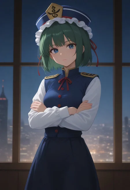 1girl, solo, solo focus, highres, absurdres, shikieiki, green hair, frilled hat, blue eyes, blue headwear, short hair,
long sleeves, black skirt, white shirt, blue vest, red ribbon, epaulettes, small breasts,
looking at viewer, crossed arms,
window, cityscape, neon lights, night, night sky, backlighting,