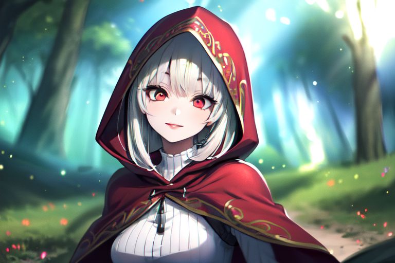 (masterpiece:1.4), 4K8K, (anime style), (high shutterspeed:1.4), (sharp edges), 
SyFyEye1, FanFo, upper body, 
woman leaning foward, smile, closed mouth, wearing red hooded cloak, linen dress, red eyes, 
(Detailed face, Detailed eyes, Detailed lips), (solo), 
Fantastic Forest at fantasy, Fantastic,