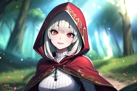(masterpiece:1.4), 4K8K, (anime style), (high shutterspeed:1.4), (sharp edges), 
SyFyEye1, FanFo, upper body, 
woman leaning foward, smile, closed mouth, wearing red hooded cloak, linen dress, red eyes, 
(Detailed face, Detailed eyes, Detailed lips), (solo), 
Fantastic Forest at fantasy, Fantastic,
