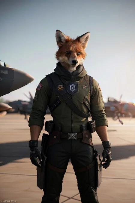 Red fox head reimagined as a Destiny game character, air force uniform, manly, at midday, deep focus, angry, staning in front of f-35 airplane (X symbol:1.11), Lens Flare, extremely hyper aesthetic, (sfw) <lora:picxer_real:0.5>, epic realistic, hyperdetailed, (cycles render:1.3), caustics, (glossy:0.58), (artstation:0.82), (intricate details:0.9), (hdr, hyperdetailed:1.2)