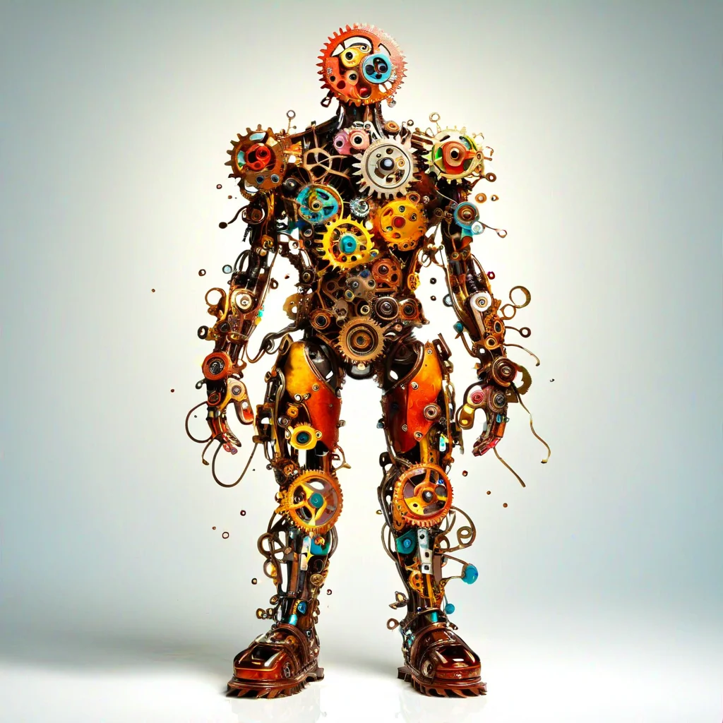 sfw,  dynamic splashes, bright colors, high contrast,  a mechanical person made of roast gears with colourful metal , hyperdetailed, photorealistic,<lora:challenge\gearstyle-000001.safetensors:0.8500000000000002:0.8500000000000002>