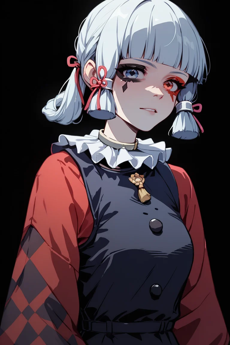 score_9, score_8_up, score_7_up, 
<lora:Muff_PDXL-000000:1>, 1girl, split-color hair, half red half black color hair, two colors rhombic makeup, solo, 
kamisato ayaka, 1girl, neck ruff, ruffled collar, two colors argyle sleeve, red sleeve, black romper, 
cowboy shot, adult girl, 21 y.o., teen, <lora:Sinozick_Style_XL_Pony:1> sinozick style, dark theme, flat color, black background,