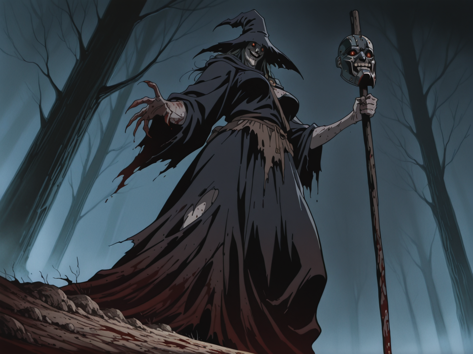 huge old ugly female witch in the dark dead forest, witch, smiling, blood, dirt, fog, night, old torn clothes, iron mask, horror theme, monster, solo, from below, side view, solo
, animation artstyle, <lora:ScrollDIL:0.8>, masterpiece, best quality, amazing quality, flat colors