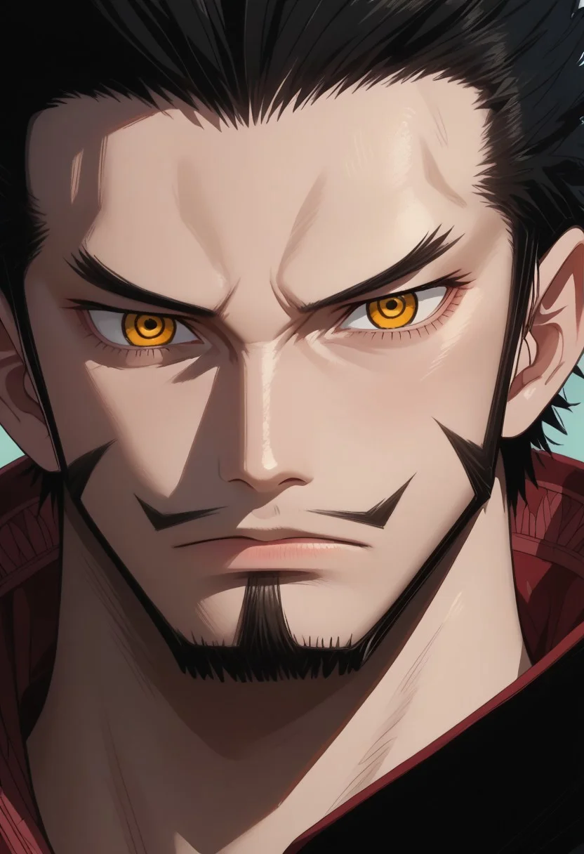 score_9, score_8_up, score_7_up, source_anime, rating_safe, MihawkOP, black Mihawk hair, Mihawk facial hair, yellow-black Mihawk eyes, 1boy, male focus, anime screencap,