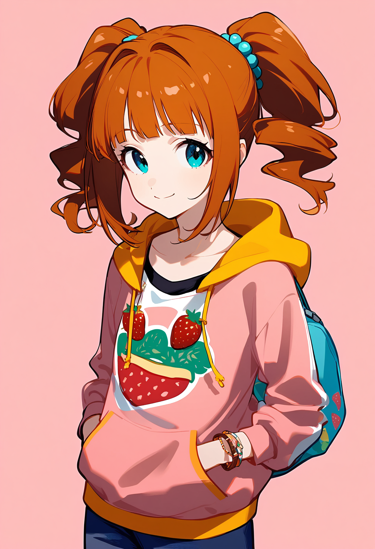 1girl,
takatsuki yayoi,


solo, twintails, hooded jacket, looking at viewer, yellow background, hoodie, collarbone, bracelet, hair ornament, long sleeves, jewelry, food print, aqua eyes, bag, closed mouth, striped background, medium hair, pink background, pink hoodie, shirt, strawberry print, pink jacket, blunt bangs, multicolored jacket, hand in pocket, brown hair, jacket, cowboy shot, simple background, white jacket, standing, print shirt, hood, striped, multicolored clothes, clothes writing, dot nose, smile,

sfw
<lora:a31_char_new_takatsuki_yayoi:1> <lora:a31_style_koni-000010:0.8>