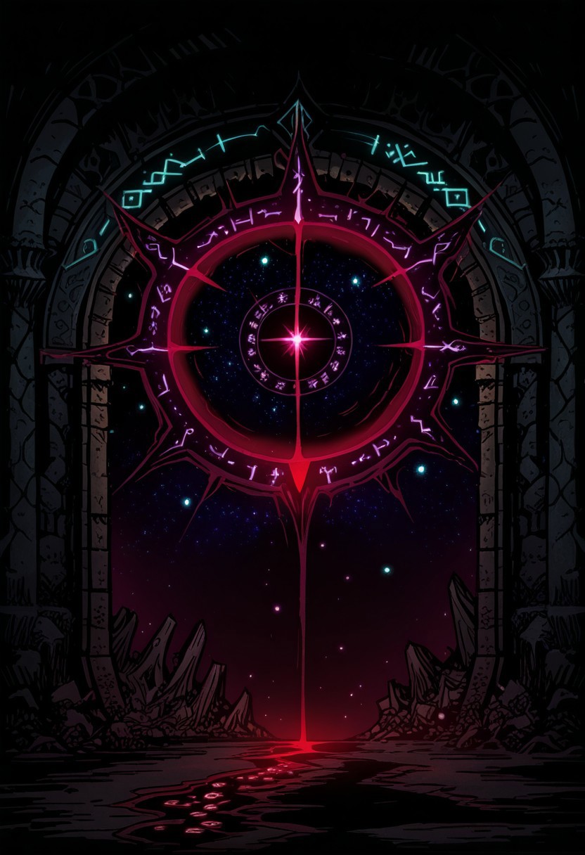 AMAZING QUALITY, MASTERPIECE, DW0, DARK TOON, SCENERY, DARKEST, DOORWAY, RIFT, RED PORTAL, LIGHT PARTICLES, RUNES, COSMIC, STARS