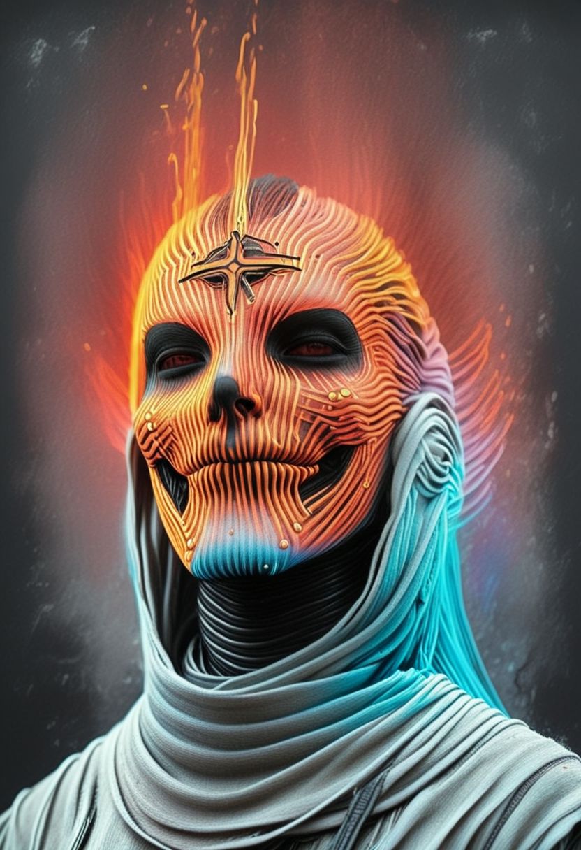 Bw-grignani, Fiery Aura, emphasis lines, Standing amidst a Dusty Battlefield, Blue Sky backdrop, Smiling, Made of bold perfect burning lines, Grignani, Made of lines, Striped Jesus christ, bold lines, vivid fiery colors and fiery Aura, wired-cyborg, desaturated black and vibrant Red color graded, mechanical parts, wires, cables, cyberpunk, bandana, mullet, suit, a half robot face, outworn Pastell Linen scarf, high collar, , , cinematic composition, atmospheric haze, very detailed, flamboyant Wall Art, Cleavage,