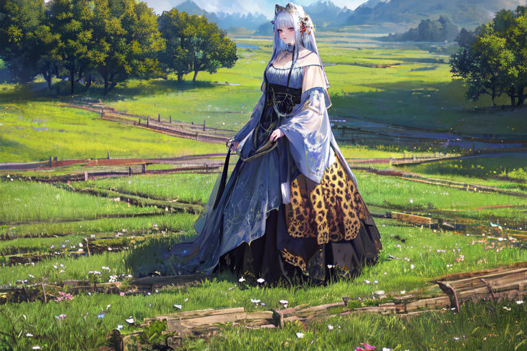 (otherworldly), highly insanely detailed, masterpiece, top quality, best quality, highres, 4k, 8k, RAW photo, (very aesthetic, beautiful and aesthetic), farm, fields, barn, fence, fantfa, <lora:FantasyFarm-10:0.5>, 
1girl, 
(leopard print hair ,multi_color_hair,multicolored hair,multi colored hair), 
(pure white background,transparent background),âââ