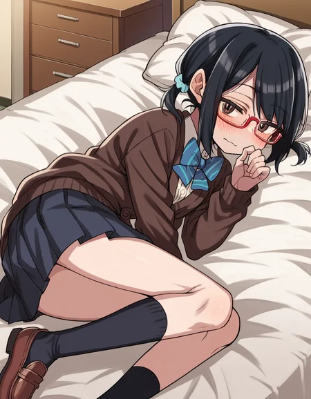score_9, score_8_up, score_7_up, source_anime,
shihosayama, <lora:shiho-sayama-manga-ponyxl-lora-nochekaiser:1>,
shiho sayama, black hair, brown eyes, glasses, twintails, short hair, scrunchie, hair scrunchie, red-framed eyewear,
skirt, shirt, long sleeves, bow, school uniform, pleated skirt, shoes, socks, bowtie, blue bow, cardigan,
indoors, bed, bed room, on side, blush, drunk,
looking at viewer, solo, cowboy shot, dutch angle,