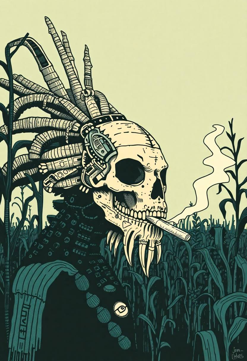 Anthro corn medusa monster wearing skull mask cult  and tribal corn shaman, tribal tattoo pointillism and engraving , by Jon Klassen, on corn fields , smoking cigarette, vector illustration superflat 2d linocut