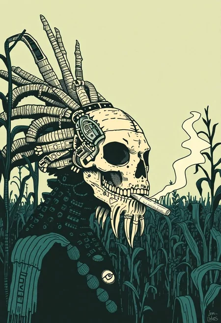 Anthro corn medusa monster wearing skull mask cult and tribal corn shaman, tribal tattoo pointillism and engraving , by Jon Klassen, on corn fields , smoking cigarette, vector illustration superflat 2d linocut